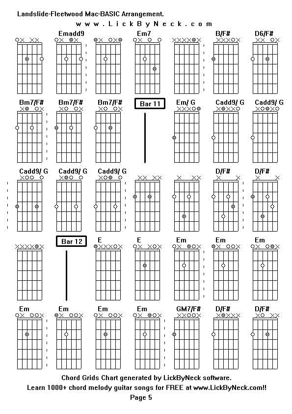 Chord Grids Chart of chord melody fingerstyle guitar song-Landslide-Fleetwood Mac-BASIC Arrangement,generated by LickByNeck software.